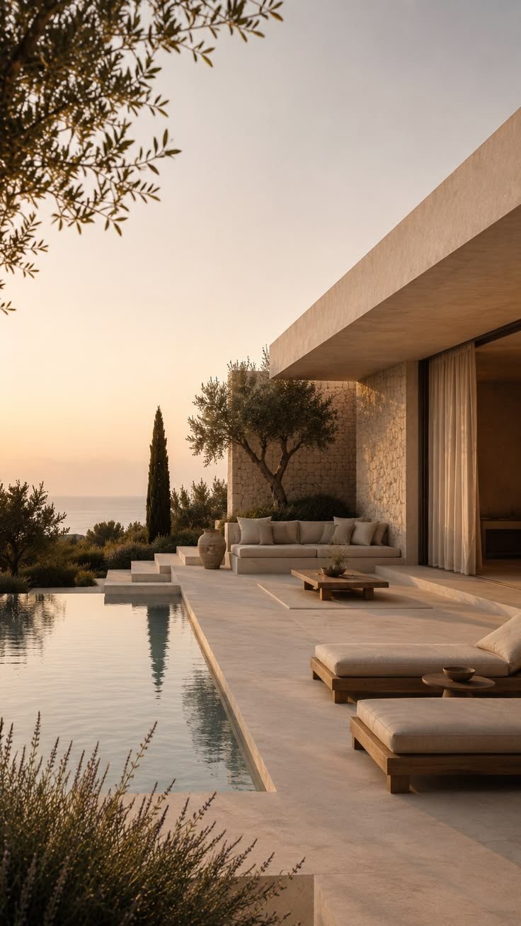 A modern villa at golden hour, infinity pool reflecting the sky, a single olive tree against the sunset.